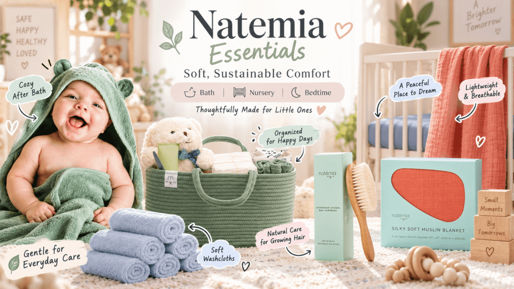 Natemia Essentials brand showcase featuring a happy baby in a green hooded bath wrap, an organized rope diaper caddy, a set of stacked washcloths, a baby wooden hair brush set, and a crib with muslin blankets and bedding, highlighting "Soft, Sustainable Comfort" for bath, nursery, and bedtime. Text overlays explain benefits like "Cozy After Bath," "Gentle Everyday Care," and "Natural Care for Growing Hair."