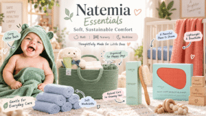 Natemia Essentials brand showcase featuring a happy baby in a green hooded bath wrap, an organized rope diaper caddy, a set of stacked washcloths, a baby wooden hair brush set, and a crib with muslin blankets and bedding, highlighting "Soft, Sustainable Comfort" for bath, nursery, and bedtime. Text overlays explain benefits like "Cozy After Bath," "Gentle Everyday Care," and "Natural Care for Growing Hair."