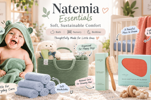 Natemia Essentials brand showcase featuring a happy baby in a green hooded bath wrap, an organized rope diaper caddy, a set of stacked washcloths, a baby wooden hair brush set, and a crib with muslin blankets and bedding, highlighting "Soft, Sustainable Comfort" for bath, nursery, and bedtime. Text overlays explain benefits like "Cozy After Bath," "Gentle Everyday Care," and "Natural Care for Growing Hair."