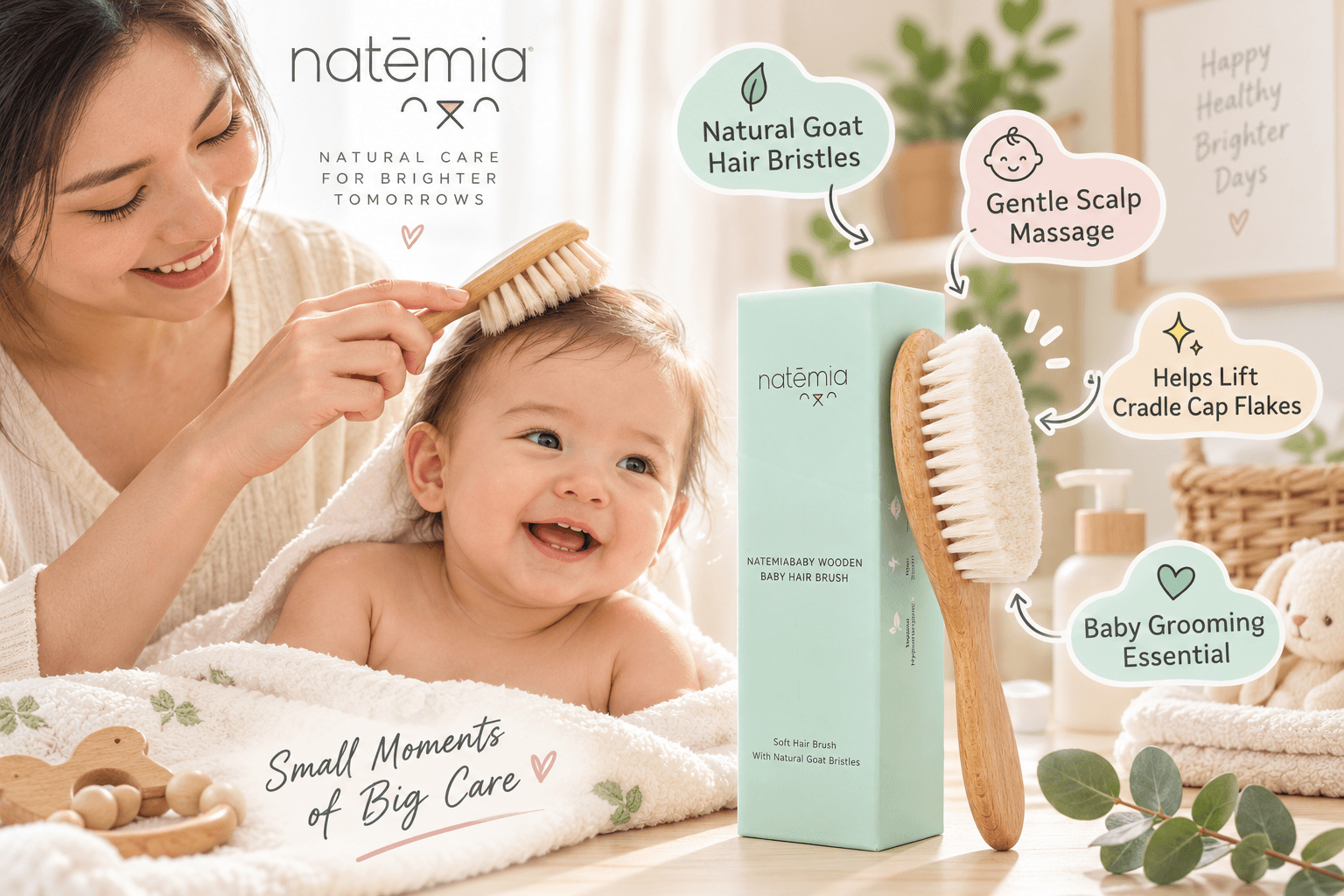 A mother gently brushes the soft hair of a smiling baby with a Natemia wooden baby hair brush set. The image features a branded mint green box with standard-sized and smaller wood-handled goat hair brushes. Multiple callouts highlight product benefits: "Natural Goat Hair Bristles," "Gentle Scalp Massage," "Helps Lift Cradle Cap Flakes," and "Baby Grooming Essential." Text at bottom reads "Small Moments of Big Care."