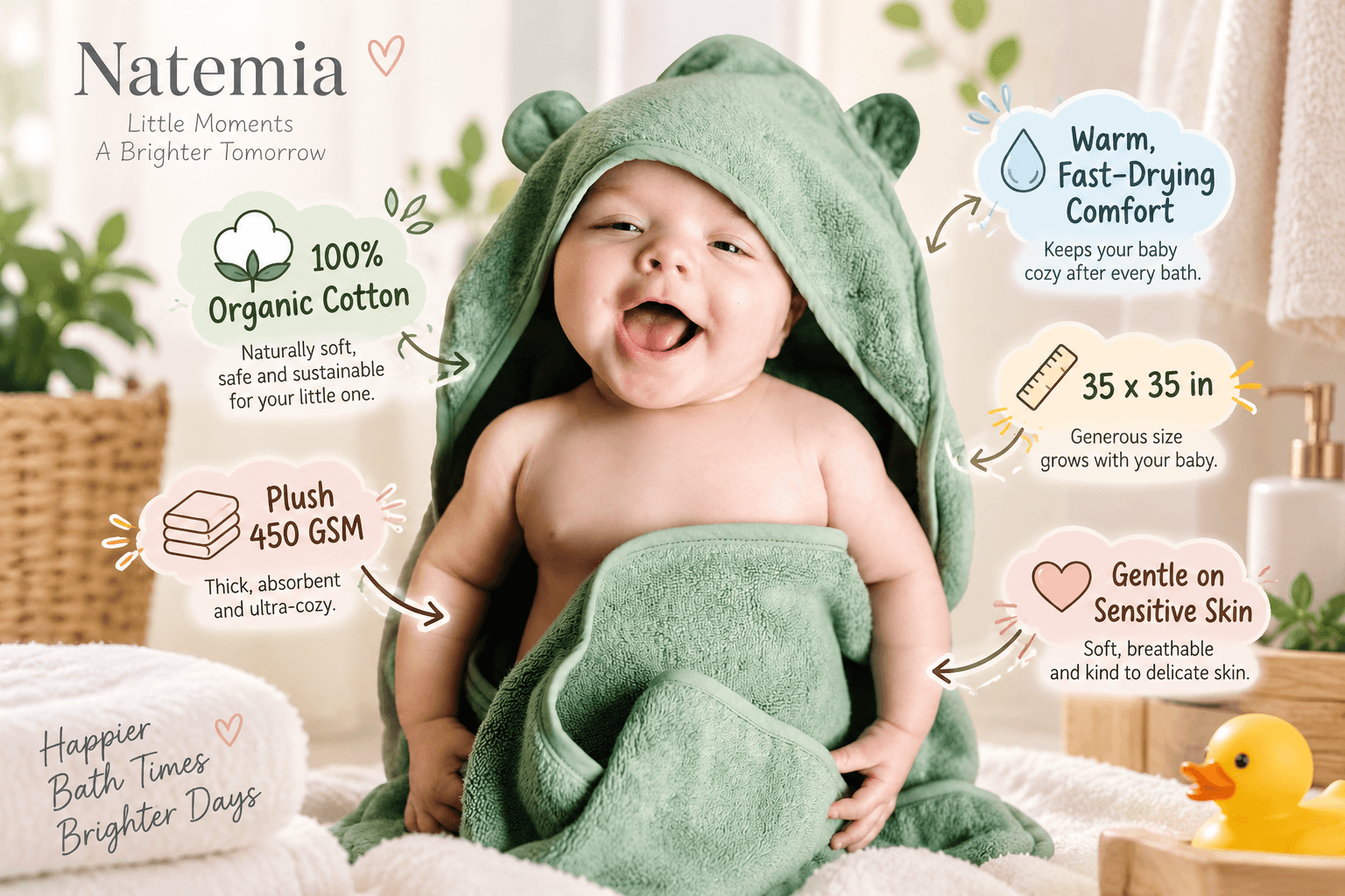 A joyful baby laughs while wrapped in a Natemia green hooded bath towel with small animal ears. The image includes callout annotations showcasing the towel's features: 100% Organic Cotton, Plush 450 GSM (thick and absorbent), Warm and Fast-Drying Comfort, Generous 35x35 inch size, and Gentle on Sensitive Skin (soft and breathable). Text reads "Happier Bath Times Brighter Days."