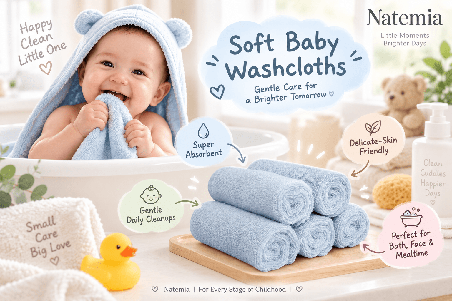 A happy baby wears a blue hooded towel and sits in a bath, holding a washcloth. Beside the bath, on a wooden tray, is a stack of five neatly rolled light blue Natemia baby washcloths. Annotated bubbles call out key benefits: "Super Absorbent," "Delicate-Skin Friendly," "Gentle Daily Cleanups," and "Perfect for Bath, Face & Mealtime." Text reads "Soft Baby Washcloths" and "Small Care Big Love."