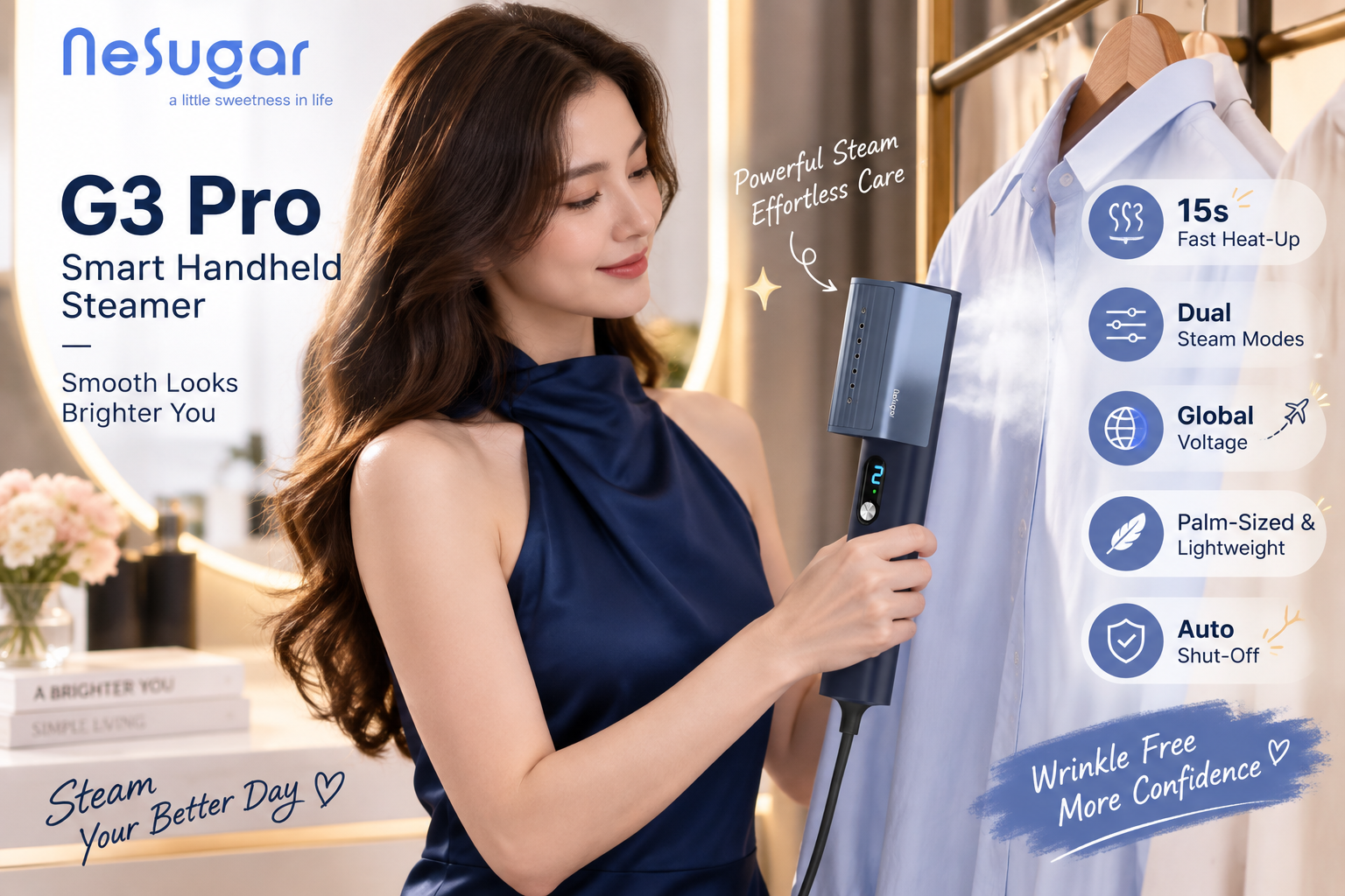 Nesugar G3 Pro smart handheld steamer used on a light blue shirt in a stylish dressing area. Feature callouts highlight 15-second heat-up, dual steam modes, global voltage, lightweight design, and auto shut-off.