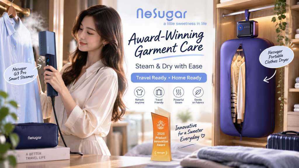 Nesugar garment care lifestyle scene featuring the G3 Pro handheld steamer in use and a portable clothes dryer hanging in a modern closet, with travel-friendly icons, award-inspired graphics, and “Steam & Dry with Ease” messaging.
