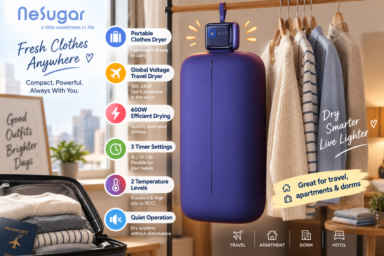 Nesugar portable clothes dryer hanging beside garments in a warm apartment setting, with an open suitcase nearby. Graphic callouts highlight global voltage, 600W drying, three timer settings, two temperature levels, and quiet operation.