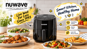 Promotional blog image for the NuWave Amazon storefront, showing NuWave smart home and kitchen appliances (such as a smart heated mug, air fryer, and cookware) in a modern family kitchen setting. Includes English callouts like "Live Well For Less Since 1993" and "Smart Kitchen, Healthy Home," plus cartoon-style stars, speech bubbles, and arrows. Bright, realistic lifestyle style, 16:9 aspect ratio.
