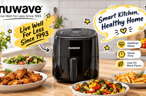 Promotional blog image for the NuWave Amazon storefront, showing NuWave smart home and kitchen appliances (such as a smart heated mug, air fryer, and cookware) in a modern family kitchen setting. Includes English callouts like "Live Well For Less Since 1993" and "Smart Kitchen, Healthy Home," plus cartoon-style stars, speech bubbles, and arrows. Bright, realistic lifestyle style, 16:9 aspect ratio.