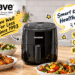 Promotional blog image for the NuWave Amazon storefront, showing NuWave smart home and kitchen appliances (such as a smart heated mug, air fryer, and cookware) in a modern family kitchen setting. Includes English callouts like "Live Well For Less Since 1993" and "Smart Kitchen, Healthy Home," plus cartoon-style stars, speech bubbles, and arrows. Bright, realistic lifestyle style, 16:9 aspect ratio.