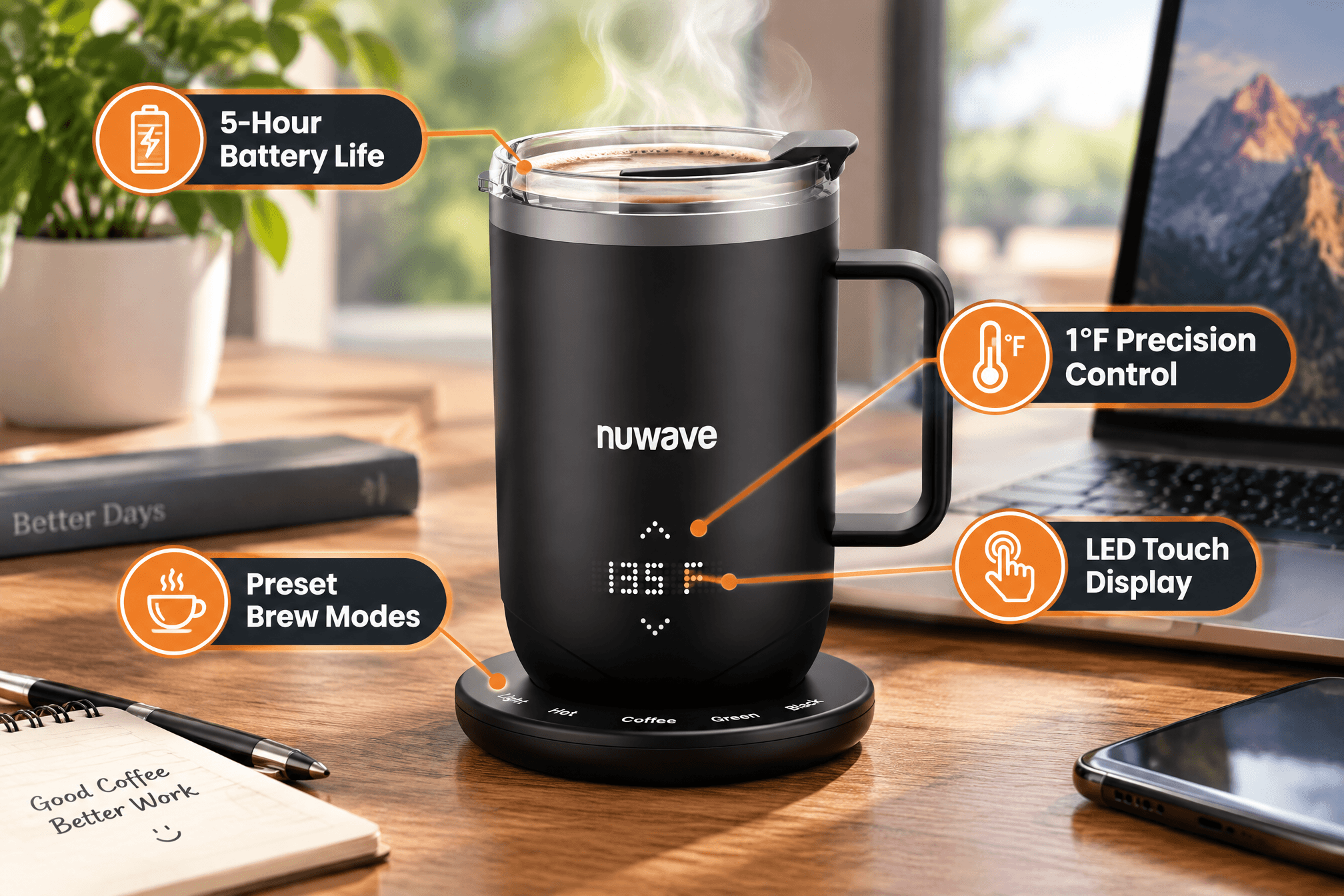 Lifestyle scene of the NuWave 16oz Smart Heated Coffee Mug, featuring a matte black mug on its charging base, placed on a home office desk or kitchen island with the LED display showing temperature. Includes English callouts such as "5-Hour Battery Life," "1°F Precision Control," "Preset Brew Modes," and "LED Touch Display," plus cartoon steam, stars, and bubbles. 3:2 aspect ratio.