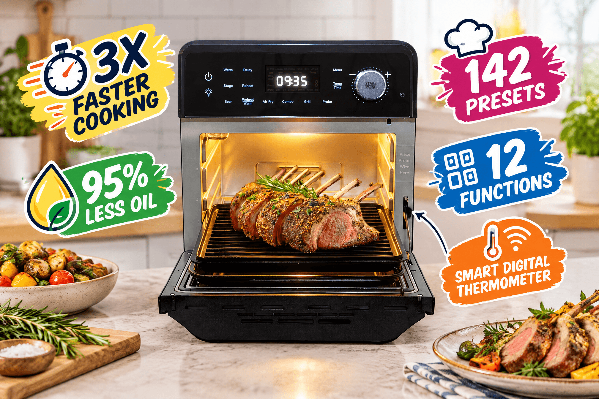 Lifestyle scene of the NuWave Bravo XL Pro Air Fryer Toaster Oven with Grill Combo, featuring a stainless steel finish on a modern kitchen counter with fresh ingredients and cooking accessories. Includes English callouts such as "3X Faster Cooking," "95% Less Oil," "142 Presets," "12 Functions," and "Smart Digital Thermometer," along with cartoon graphic elements. 3:2 aspect ratio.
