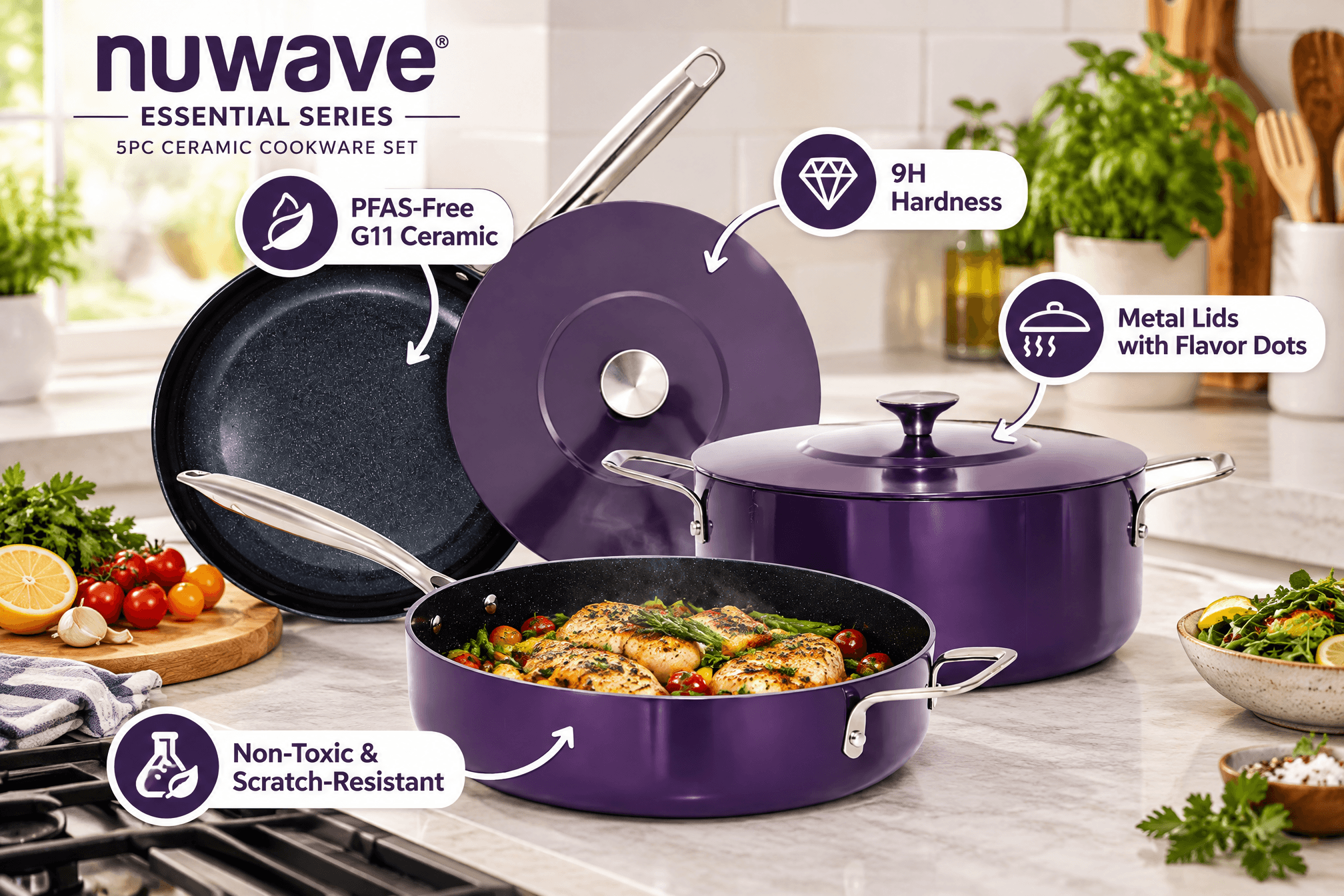 Lifestyle scene of the NuWave Essential Series 5PC Ceramic Cookware Set in Eggplant purple, including a frying pan, saucepan, and matching metal lids, arranged on a modern kitchen counter with ingredients. Includes English callouts such as "PFAS-Free G11 Ceramic," "9H Hardness," "Metal Lids with Flavor Dots," and "Non-Toxic & Scratch-Resistant," plus cartoon shields, check marks, and bubbles. 3:2 aspect ratio.