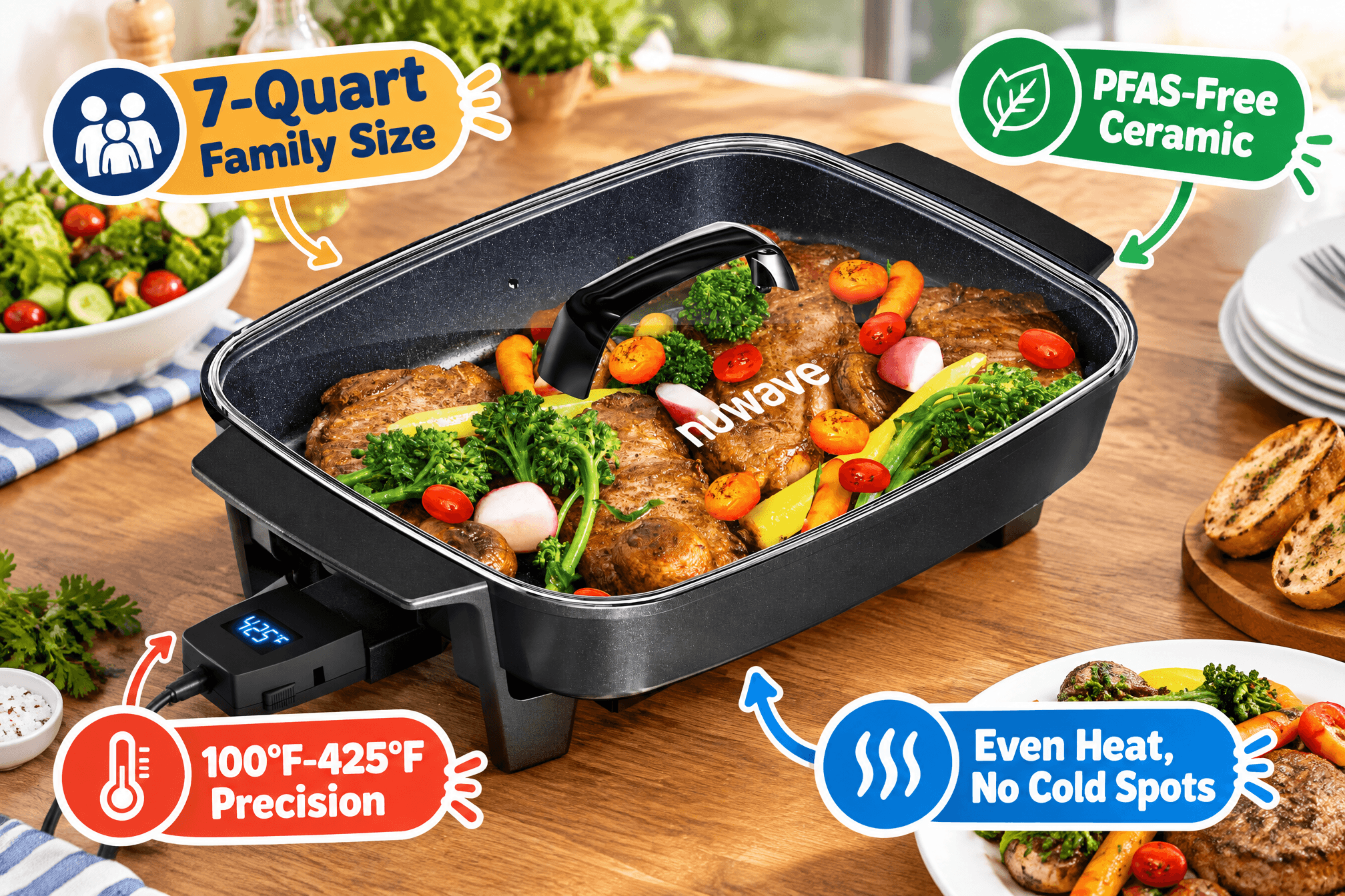 Lifestyle scene of the NuWave Medley XL Digital Electric Skillet, showing the black rectangular skillet with a glass lid cooking steak and vegetables on a kitchen counter. Includes English callouts such as "7-Quart Family Size," "PFAS-Free Ceramic," "100°F-425°F Precision," and "Even Heat, No Cold Spots," plus cartoon flames, arrows, and badge graphics. 3:2 aspect ratio.
