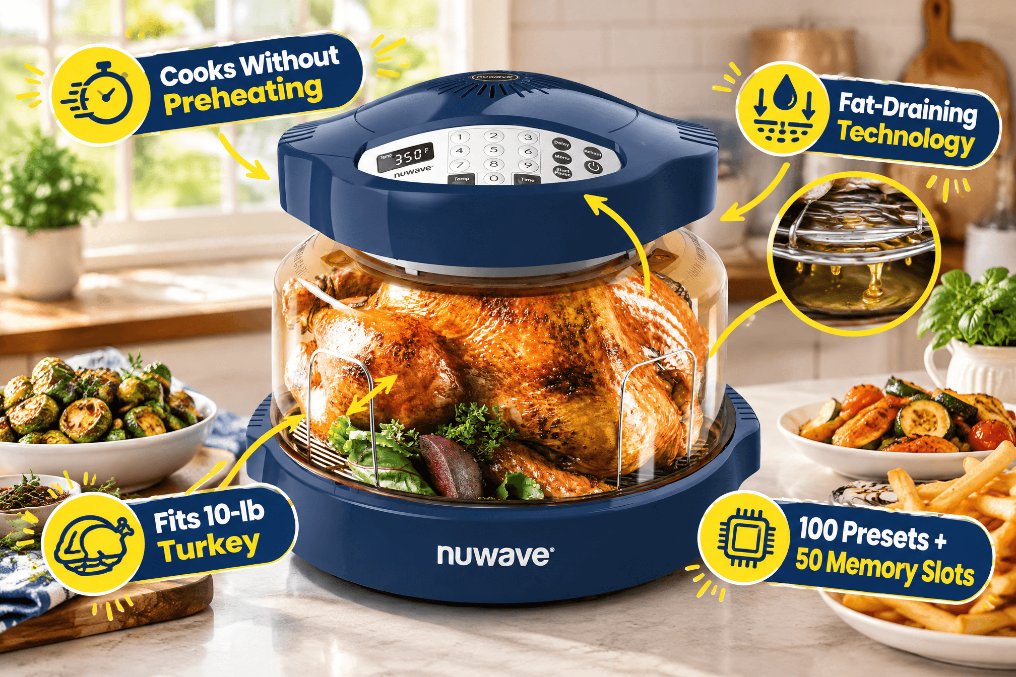 Lifestyle scene of the NuWave Oven Pro Plus Air Fryer in Dark Blue, with its dome-shaped transparent cooking chamber showing a roasted chicken, placed on a modern kitchen counter. Includes English callouts such as "Cooks Without Preheating," "Fat-Draining Technology," "Fits 10-lb Turkey," and "100 Presets + 50 Memory Slots," plus cartoon lightning bolts, arrows, and stars. 3:2 aspect ratio.