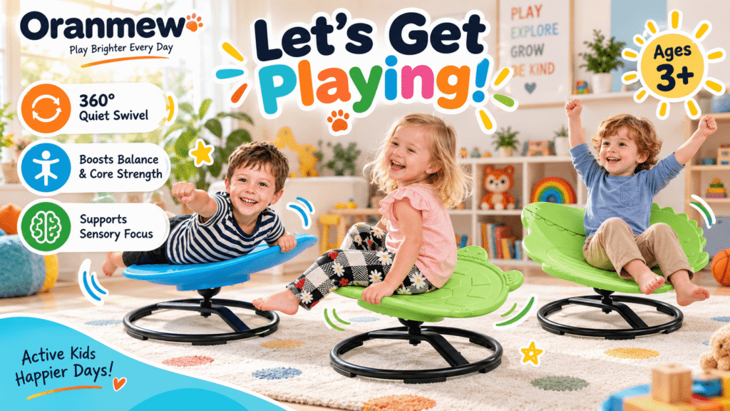 Oranmew sensory spinning chairs in a bright playroom, featuring kids using blue rounded, green turtle, and green dinosaur chairs with callouts for 360° quiet swivel, balance, core strength, sensory focus, and ages 3+.