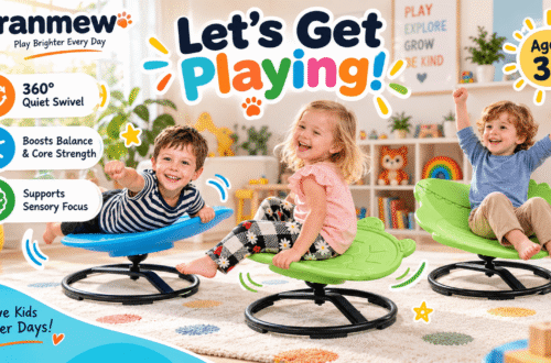 Oranmew sensory spinning chairs in a bright playroom, featuring kids using blue rounded, green turtle, and green dinosaur chairs with callouts for 360° quiet swivel, balance, core strength, sensory focus, and ages 3+.