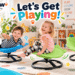 Oranmew sensory spinning chairs in a bright playroom, featuring kids using blue rounded, green turtle, and green dinosaur chairs with callouts for 360° quiet swivel, balance, core strength, sensory focus, and ages 3+.