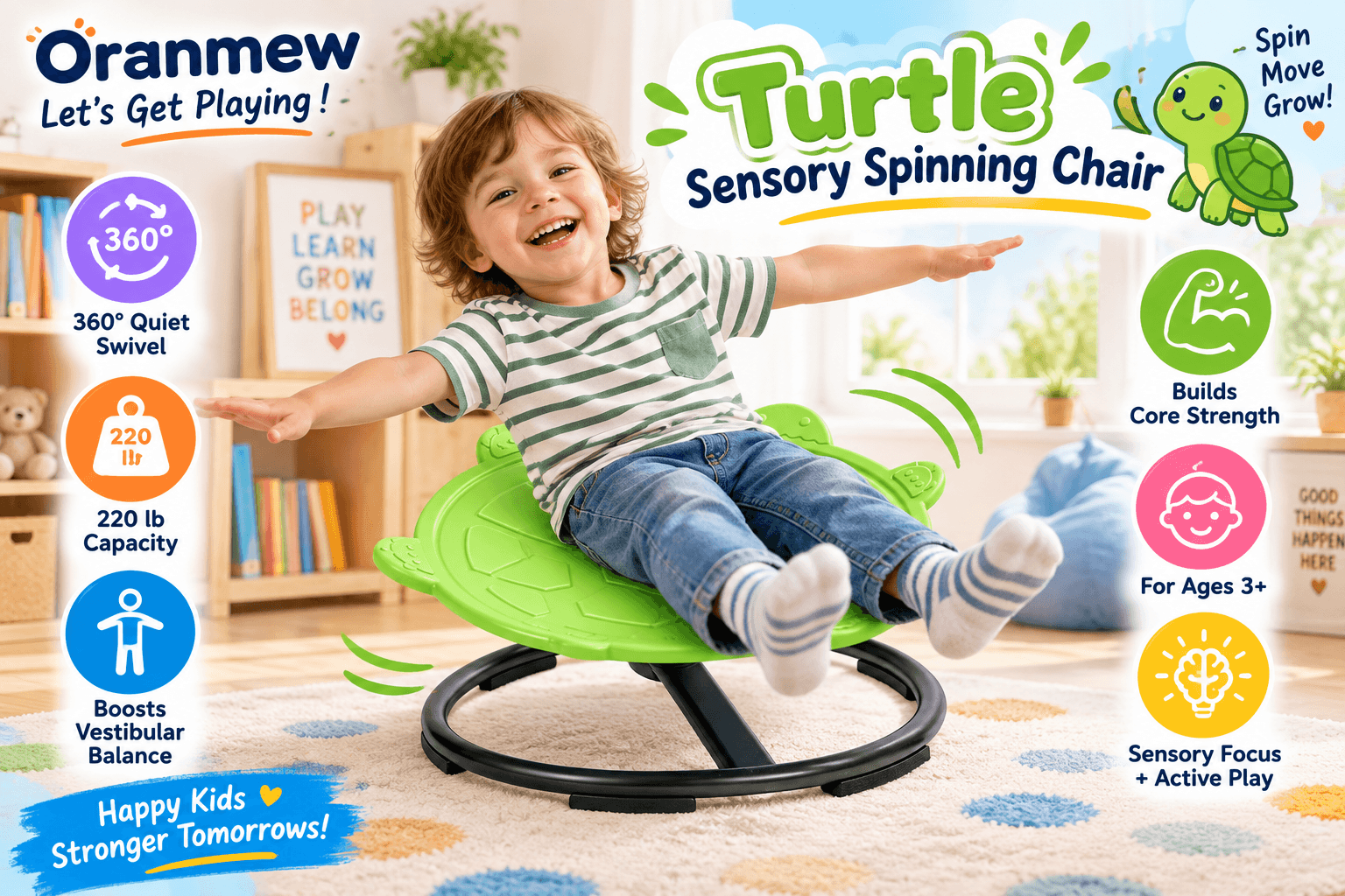 Oranmew green turtle sensory spinning chair used by a smiling child in a bright playroom, with feature callouts for 360° quiet swivel, 220 lb capacity, vestibular balance, core strength, sensory focus, and ages 3+.