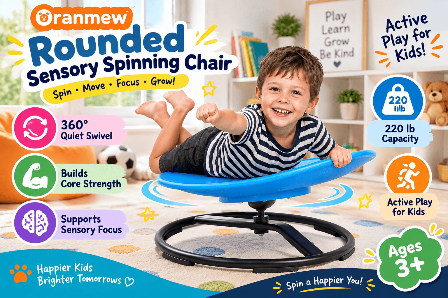 Oranmew blue rounded sensory spinning chair with a child enjoying active indoor play, featuring a black circular base and callouts for 360° quiet swivel, 220 lb capacity, core strength, sensory focus, active play, and ages 3+.