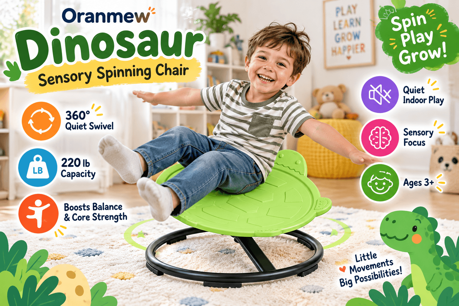 Oranmew green dinosaur sensory spinning chair used by a happy child in a cozy playroom, with callouts for 360° quiet swivel, 220 lb capacity, balance and core strength, quiet indoor play, sensory focus, and ages 3+.