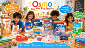 Four children sitting together around a table joyfully engaging with various Osmo educational game kits, including Pizza Co., Genius Starter Kit, Detective Agency, Math Wizard, and Coding. Colorful text bubbles highlight "Real Play, Real Learning," "Fun Educational Games," and "Hands-On Math, Coding & Creativity."