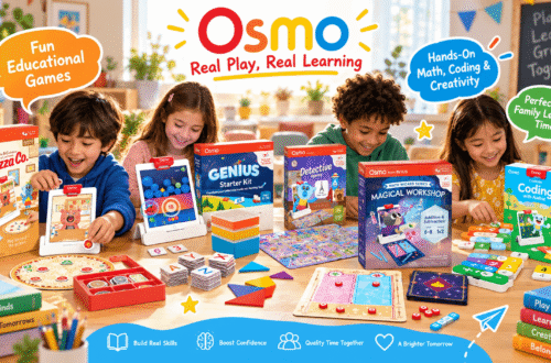 Four children sitting together around a table joyfully engaging with various Osmo educational game kits, including Pizza Co., Genius Starter Kit, Detective Agency, Math Wizard, and Coding. Colorful text bubbles highlight "Real Play, Real Learning," "Fun Educational Games," and "Hands-On Math, Coding & Creativity."