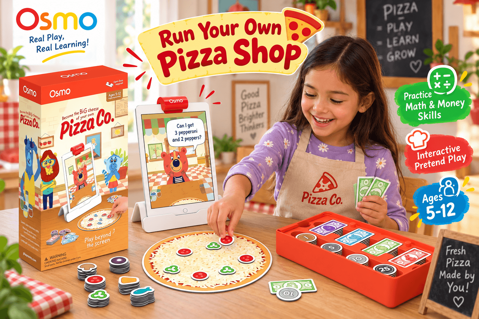 A smiling young girl wearing a tiny apron plays the Osmo Pizza Co. game, placing physical toy pizza toppings on a cardboard crust while interacting with a digital character on an iPad. Graphic overlays highlight "Run Your Own Pizza Shop," "Practice Math & Money Skills," and target ages 5-12.
