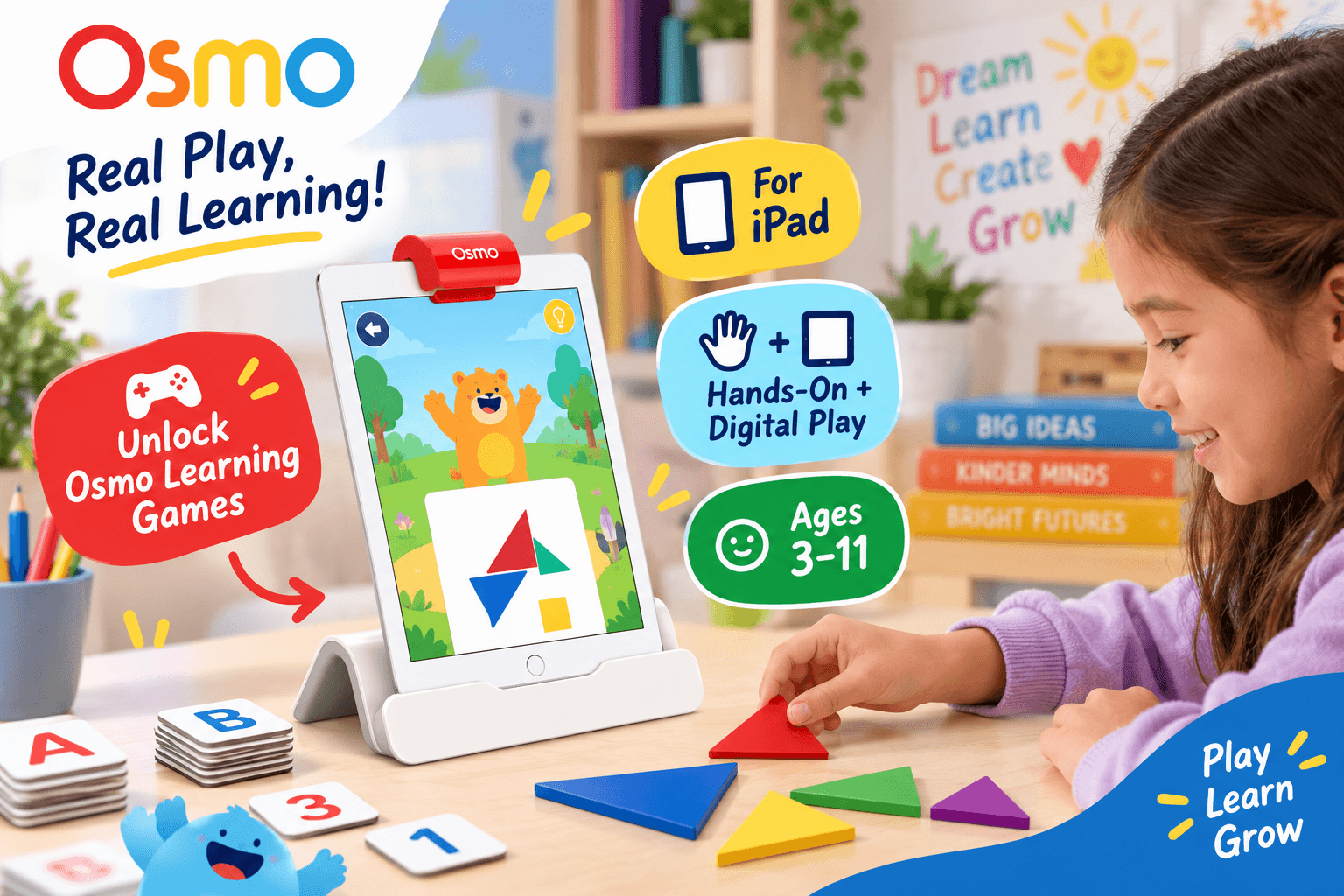 A young girl assembles physical wooden Tangram pieces in front of an iPad equipped with a red Osmo Reflector and Base, blending hands-on manipulation with digital on-screen play. Callout bubbles emphasize "Unlock Osmo Learning Games," "For iPad," and target ages 3-11.