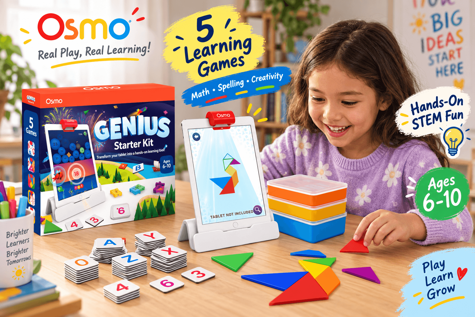 A happy girl plays with the Osmo Genius Starter Kit, arranging colorful physical Tangram tiles on the table to match the digital puzzle silhouettes displayed on her iPad. Text highlights "5 Learning Games," "Math, Spelling, Creativity," and "Hands-On STEM Fun" for ages 6-10.