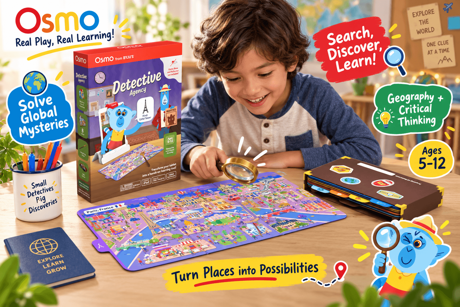 A young boy uses a physical magnifying glass over a large, colorful printed map to discover clues for the Osmo Detective Agency game displayed on a nearby tablet. Overlay text promotes "Solve Global Mysteries," "Geography + Critical Thinking," and "Turn Places into Possibilities" for ages 5-12.
