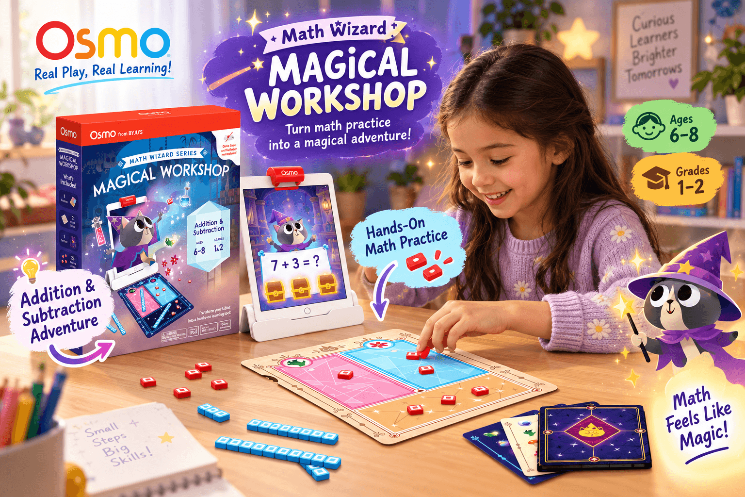 A young girl plays Osmo Math Wizard: Magical Workshop, placing red physical counting cubes onto a stylized game board to solve the basic addition equations presented on her iPad. The image highlights "Addition & Subtraction Adventure" and "Hands-On Math Practice" for ages 6-8 (Grades 1-2).