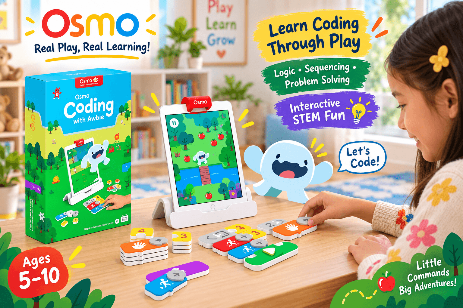 A girl engages with the Osmo Coding with Awbie game, connecting physical, directional coding blocks on a table to guide a digital character through a landscape on her iPad. Graphics emphasize "Learn Coding Through Play," "Logic, Sequencing, Problem Solving," and interactive STEM fun for ages 5-10.