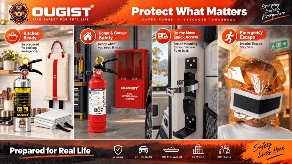 A comprehensive banner ad for Ougist fire safety products, showcasing their use in diverse scenarios: a kitchen, a garage with a cabinet, on a moving vehicle/boat with a mount, and during an emergency escape with a specialized mask.