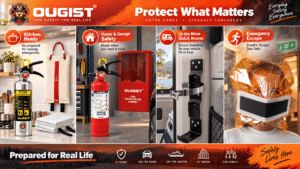 A comprehensive banner ad for Ougist fire safety products, showcasing their use in diverse scenarios: a kitchen, a garage with a cabinet, on a moving vehicle/boat with a mount, and during an emergency escape with a specialized mask.