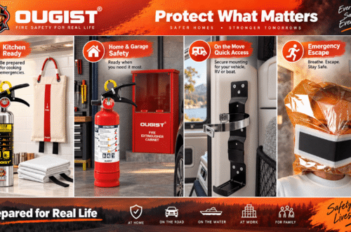 A comprehensive banner ad for Ougist fire safety products, showcasing their use in diverse scenarios: a kitchen, a garage with a cabinet, on a moving vehicle/boat with a mount, and during an emergency escape with a specialized mask.