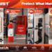 A comprehensive banner ad for Ougist fire safety products, showcasing their use in diverse scenarios: a kitchen, a garage with a cabinet, on a moving vehicle/boat with a mount, and during an emergency escape with a specialized mask.