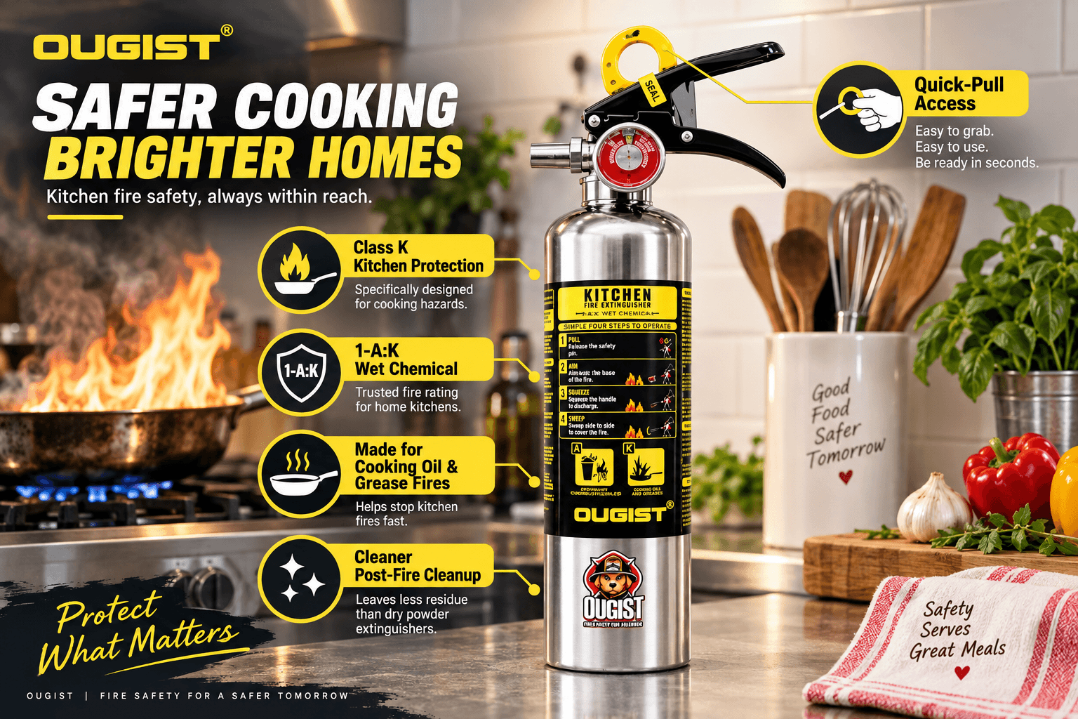 An infographic for the Ougist Kitchen Fire Extinguisher, highlighting its Class K kitchen protection specifically designed for cooking hazards, 1-A:K wet chemical rating for oil and grease fires, cleaner post-fire cleanup compared to dry powder, and quick-pull access handle.