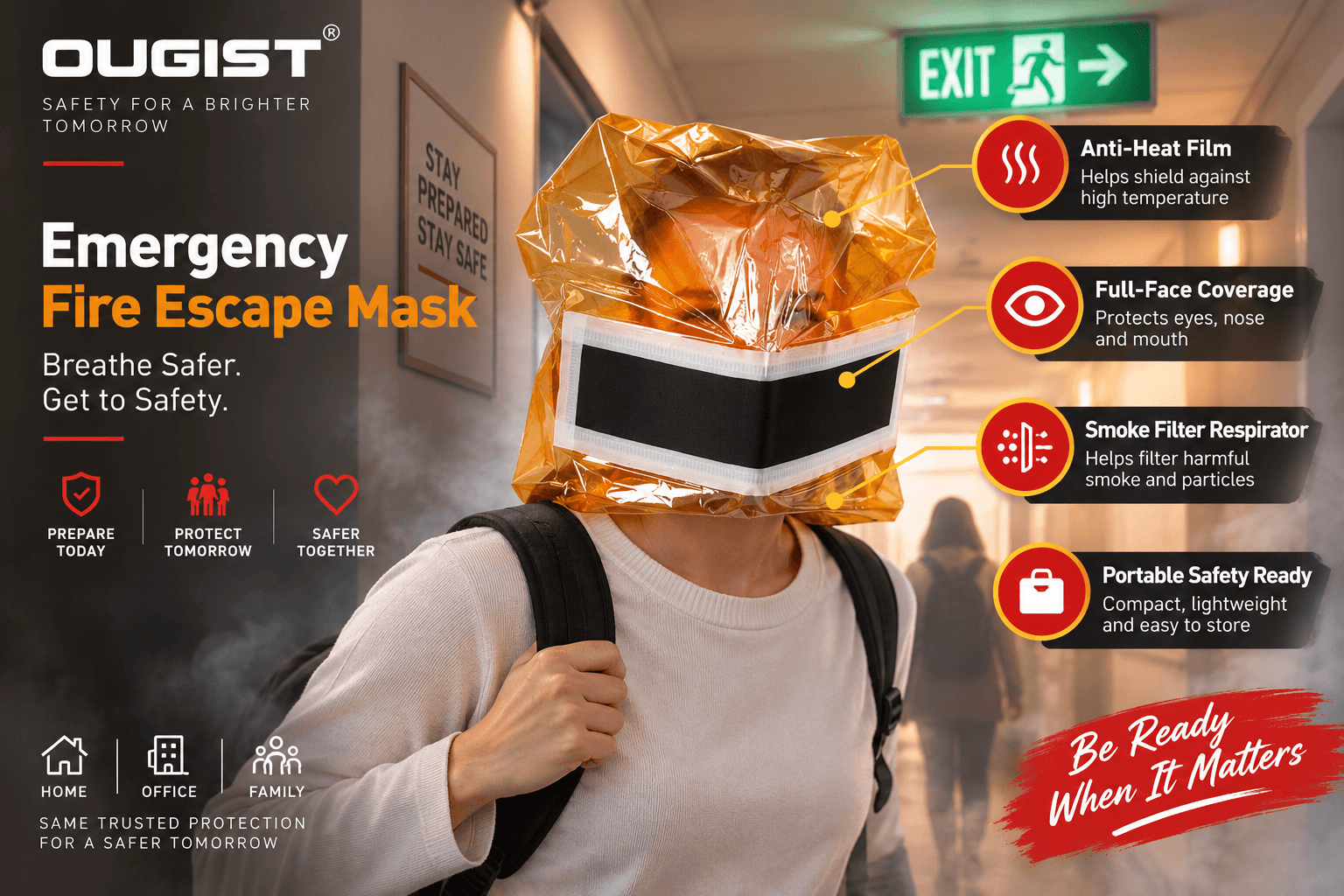 An infographic for the Ougist Emergency Fire Escape Mask, detailing its features: an anti-heat film to shield against high temperature, full-face coverage to protect eyes, nose, and mouth, a smoke filter respirator to filter harmful smoke and particles, and its compact, lightweight, easy-to-store design for home and office use.