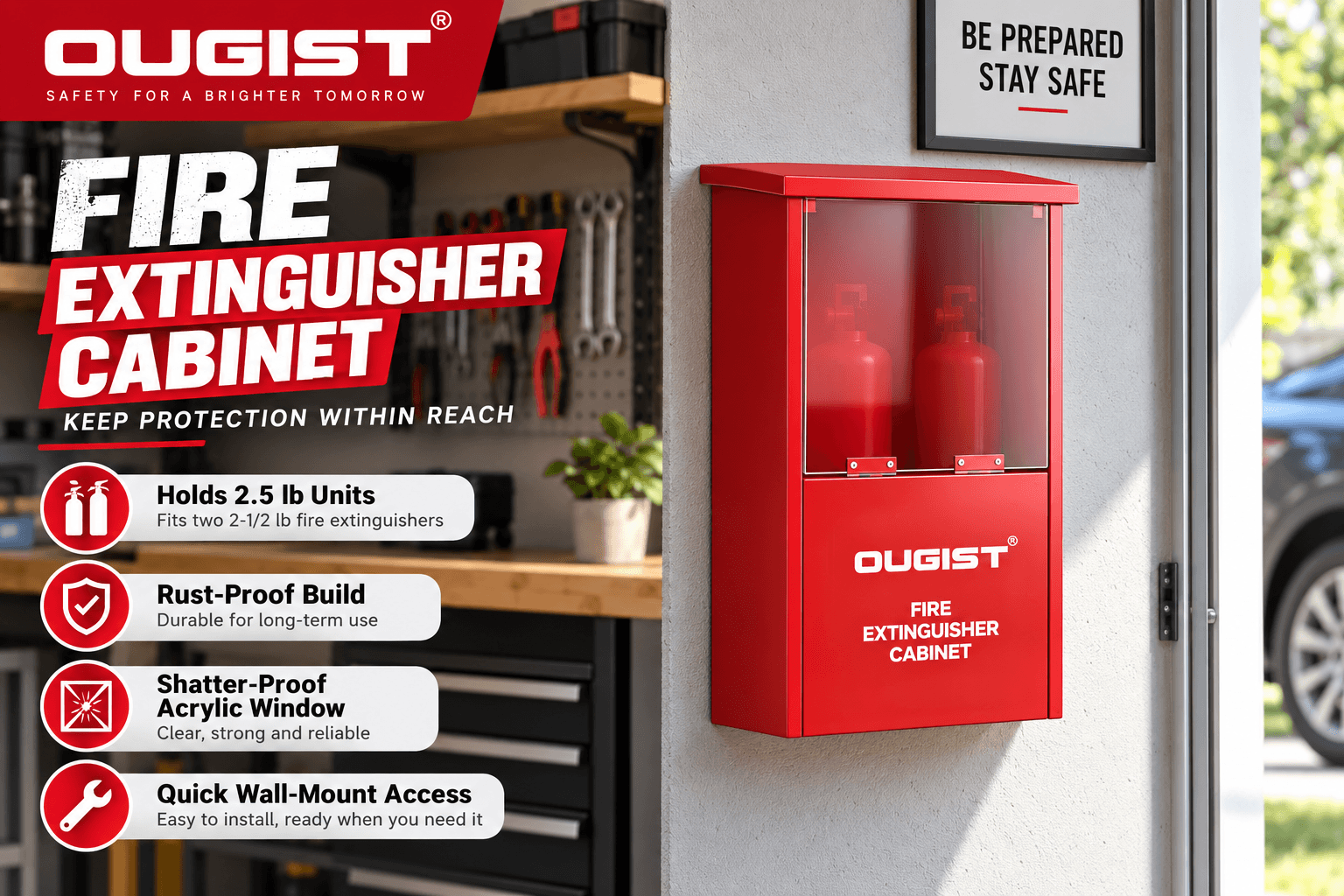 An infographic for the Ougist Fire Extinguisher Cabinet, showcasing a red metal cabinet mounted on a garage wall, holding two 2.5 lb fire extinguishers, and detailing its rust-proof build, shatter-proof acrylic window, and quick wall-mount access for keeping protection within reach.