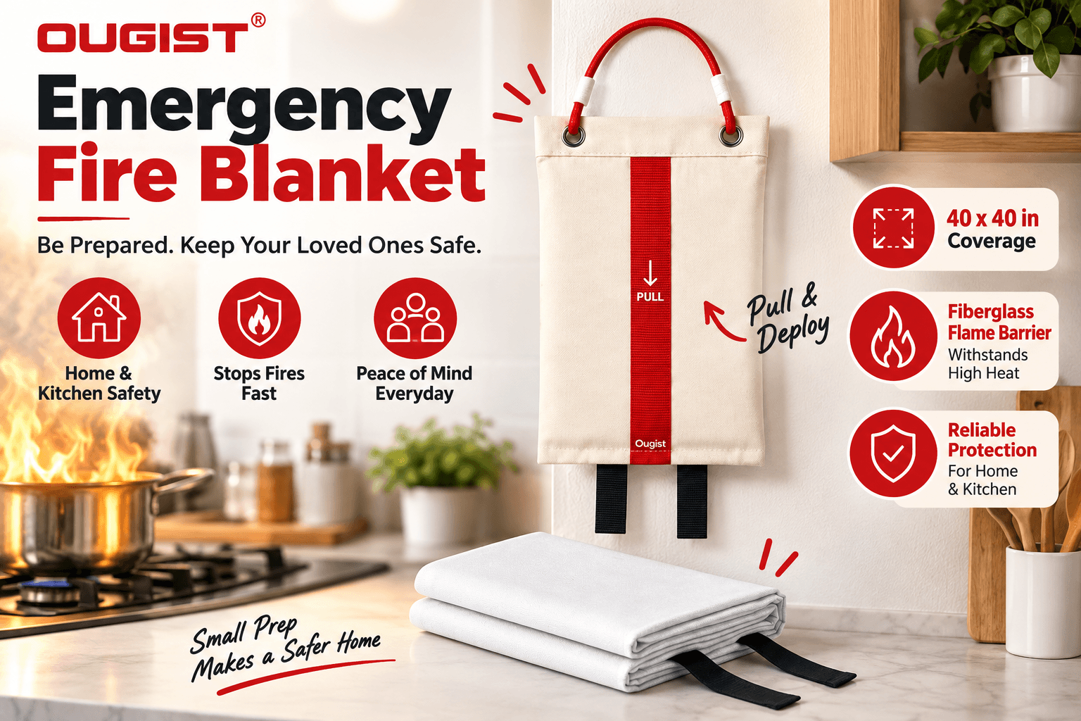 An infographic for the Ougist Emergency Fire Blanket, featuring a white blanket bag with "PULL & DEPLOY" tags hanging in a kitchen next to a cooking fire. The graphic highlights its 40x40 inch coverage, fiberglass flame barrier that withstands high heat, and reliable protection for home and kitchen safety.