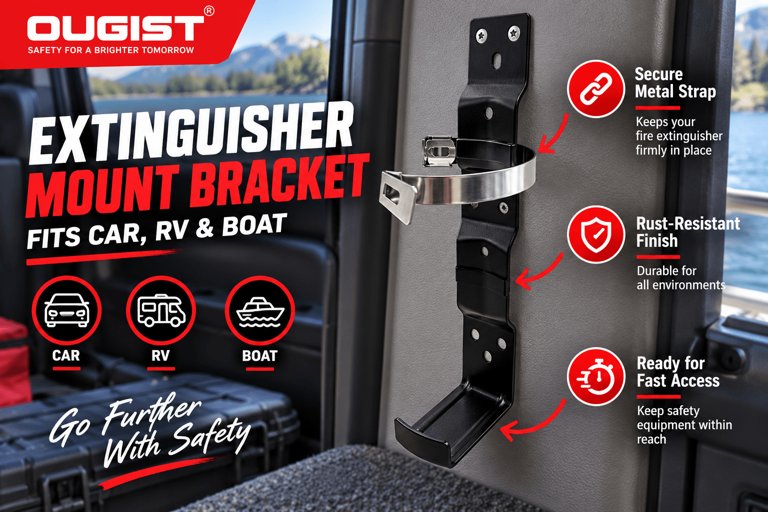 An infographic for the Ougist Extinguisher Mount Bracket, featuring a black metal bracket mounted inside an RV or boat. The graphic highlights its secure metal strap to keep an extinguisher firmly in place, rust-resistant finish durable for all environments, and fast access design to keep safety equipment within reach. Icons show suitability for cars, RVs, and boats.