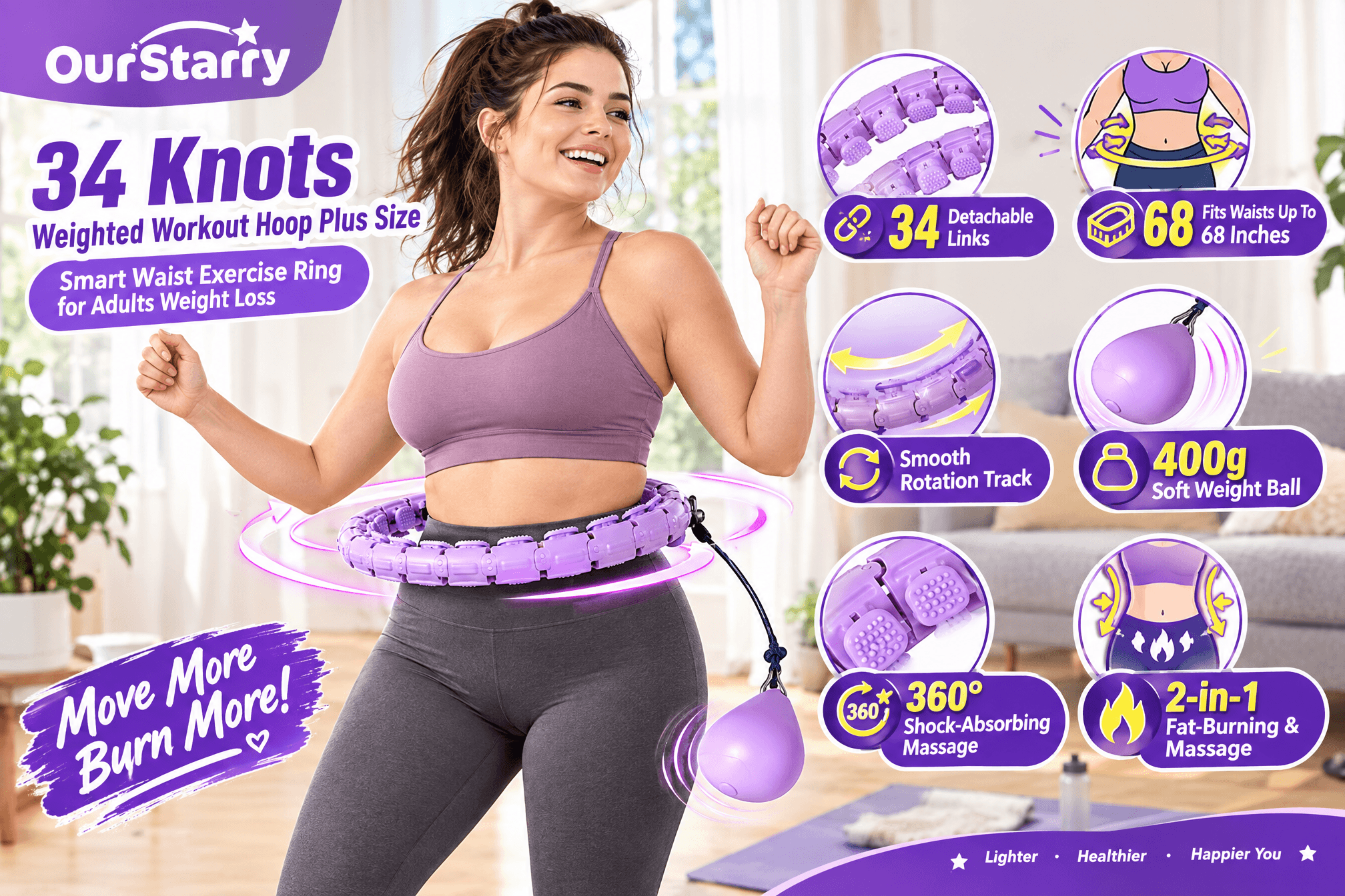 Promotional 3:2 image of the OurStarry 34 Knots Weighted Workout Hoop in 34Links Purple, placed in a realistic at-home workout scene. The purple segmented smart hoop with its attached 400g soft weight ball is featured, with creative English text annotations and cartoon-style markers calling out 34 detachable links, fits waists up to 68 inches, smooth rotation track, 360° shock-absorbing massage, and 2-in-1 fat-burning plus massage.