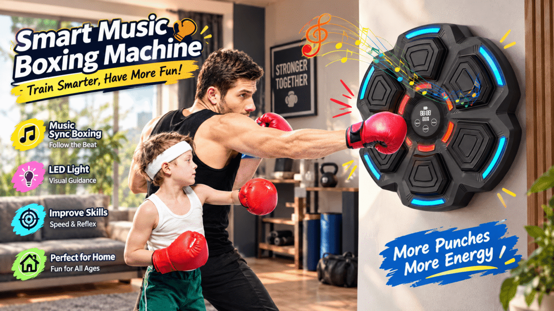 "Promotional 16:9 hero image of the OurStarry Smart Music Boxing Machine mounted on a wall in a realistic home-gym setting, showing an adult and a child wearing boxing gloves actively punching the black hexagonal LED target. Bright English text annotations and stylized cartoon graphic markers highlight key selling points such as 9 training modes, Bluetooth music sync, and LED light targets."