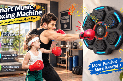 "Promotional 16:9 hero image of the OurStarry Smart Music Boxing Machine mounted on a wall in a realistic home-gym setting, showing an adult and a child wearing boxing gloves actively punching the black hexagonal LED target. Bright English text annotations and stylized cartoon graphic markers highlight key selling points such as 9 training modes, Bluetooth music sync, and LED light targets."