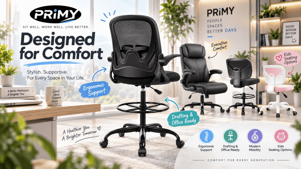 PRIMY chair collection displayed in a bright modern workspace, featuring black ergonomic, executive, drafting and pink kids chairs with annotations highlighting ergonomic support, mobility, office use and kids seating.