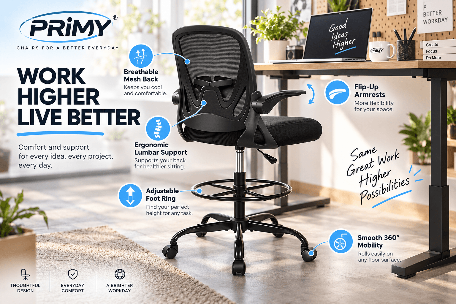 Black PRIMY drafting chair in a modern standing-desk workspace, featuring breathable mesh, ergonomic lumbar support, flip-up armrests, adjustable foot ring and smooth 360-degree rolling mobility.