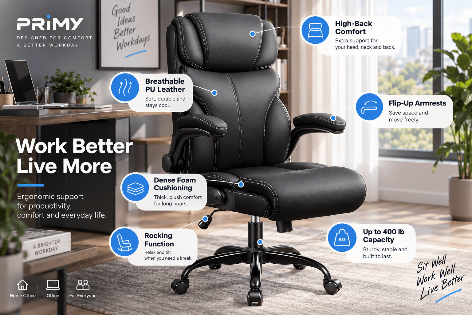 Black PRIMY high-back executive office chair in a stylish home office, with padded PU leather, thick foam cushioning, flip-up armrests, rocking function and a sturdy rolling five-star base.