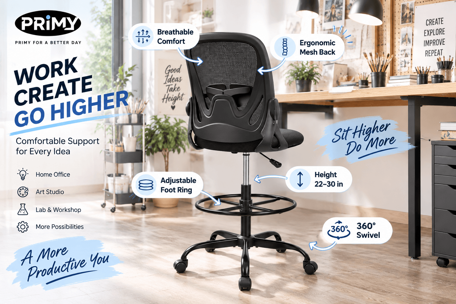 Black armless PRIMY drafting chair in a creative studio workspace, featuring breathable ergonomic mesh back, adjustable 22–30 inch height, circular foot ring and smooth 360-degree swivel casters.
