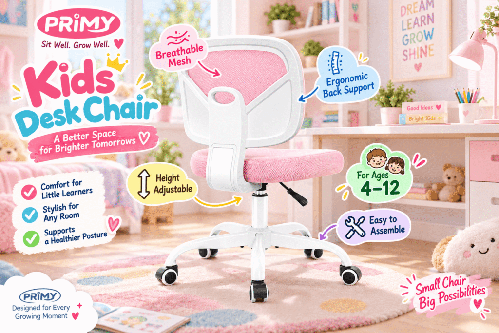 Pink and white PRIMY kids desk chair in a cheerful pastel study room, featuring breathable mesh, ergonomic back support, adjustable height, caster wheels and a design suitable for children ages 4–12.