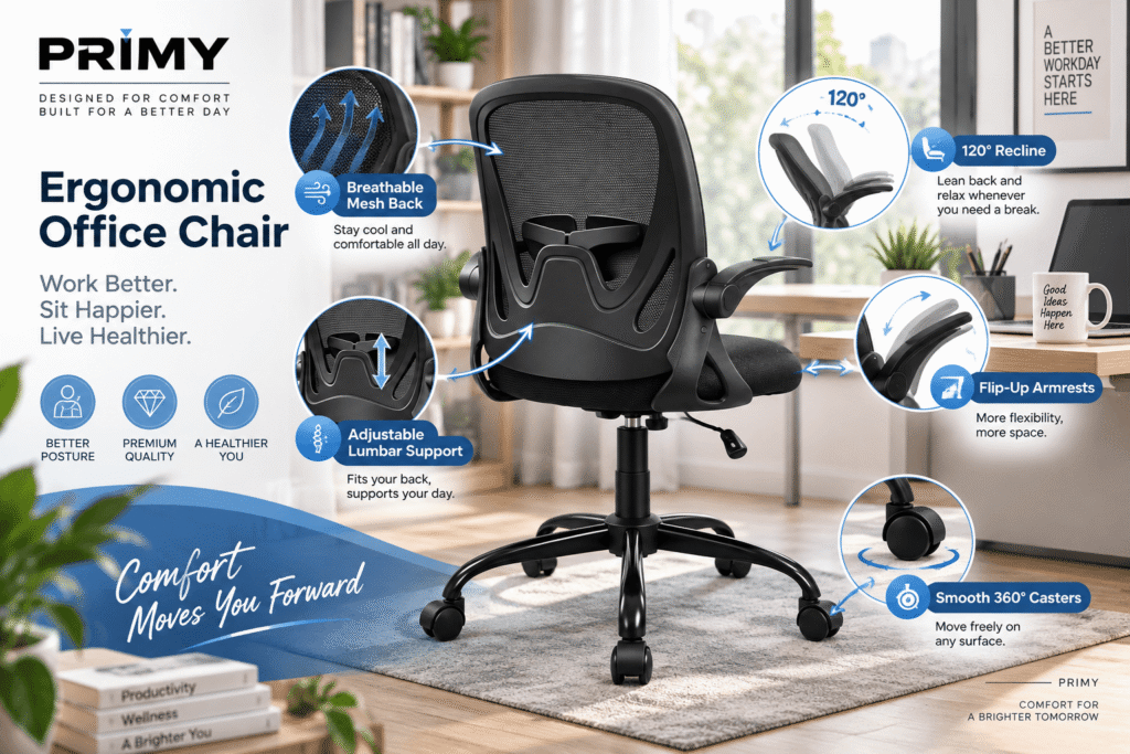 Black PRIMY ergonomic mesh office chair in a bright home office, featuring adjustable lumbar support, breathable mesh back, flip-up armrests, 120-degree recline and smooth 360-degree casters.