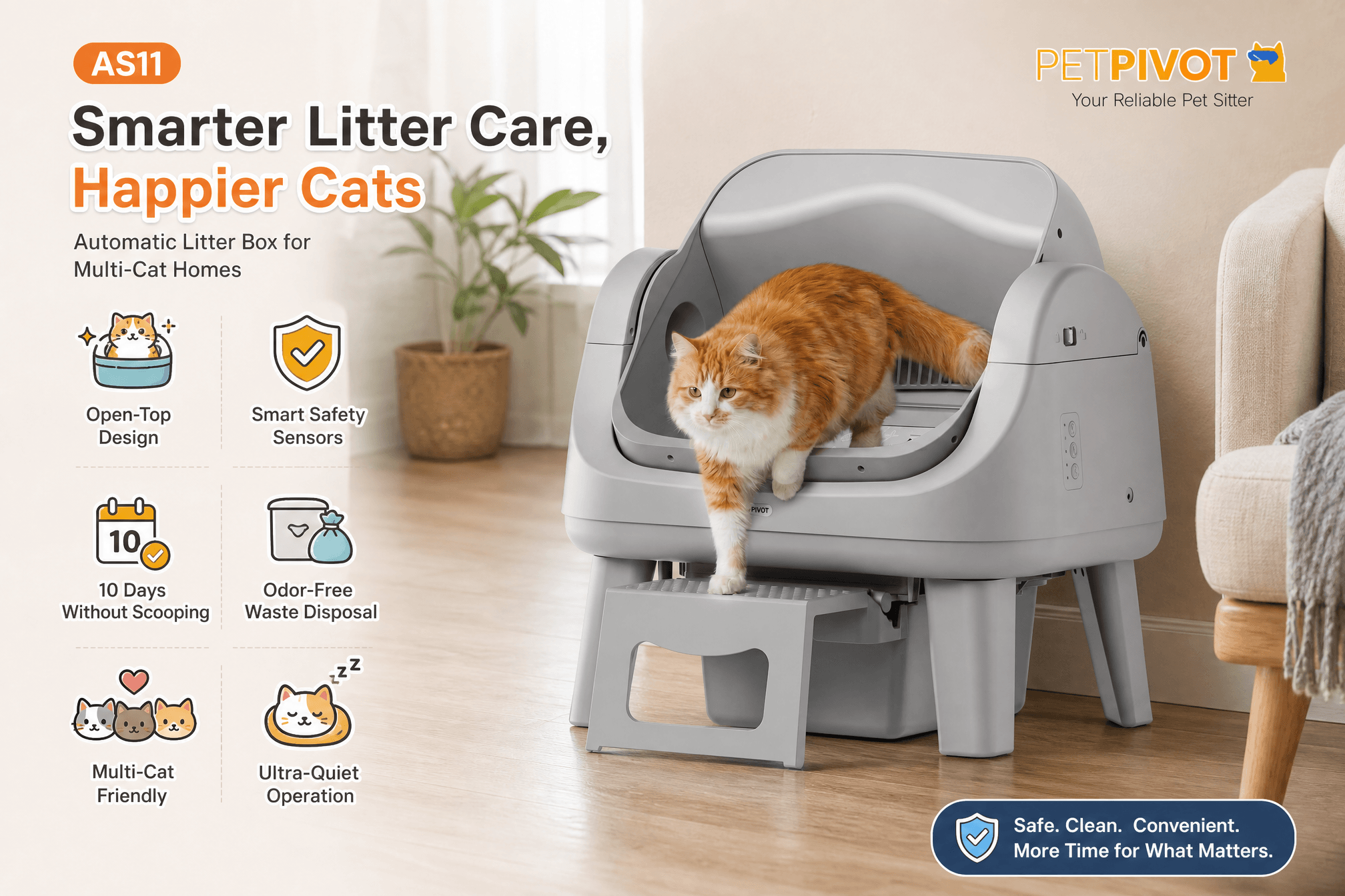An advertisement for the PetPivot AS11 automatic litter box, featuring an orange and white cat entering the open-top unit in a home setting. It lists key features: open-top design, smart safety sensors, 10 days without scooping, odor-free waste disposal, multi-cat friendly, and ultra-quiet operation. The tagline reads, "Smarter Litter Care, Happier Cats."